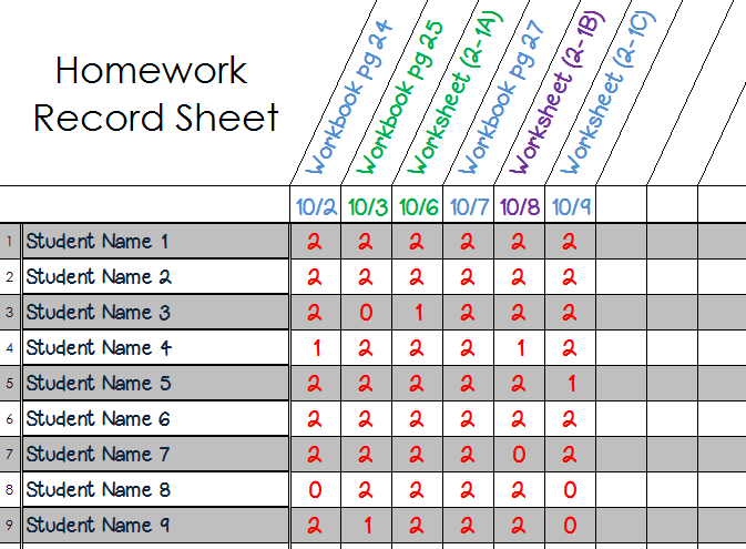 Absent student homework sheet record