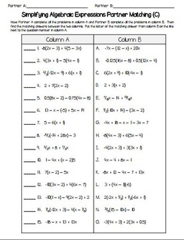 Simplifying Algebraic Expressions Partner Matching Activity ...