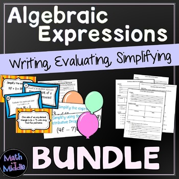Algebraic Expressions Bundle - Includes Notes, Task Cards, Worksheets, & Game!-image
